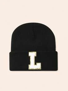 1pc Unisex Personalized Embroidered A-Z Letter Elastic Knit Beanie Hat, Fashionable Streetwear Knit Cap, Suitable For Autumn/Winter Daily Wear - Black - View 19