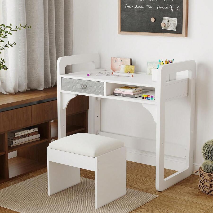 Juego de Escritorio y Silla de Estudio de Madera, con Cajones de Tela Espaciosos y Portalápices Integrado, Ideal para Estudio y Escritura Organizados - Blanco - Ver 1