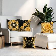 4 Stücke Schwarz & Gold Klassisch Perle Rose Blumen Muster Kissenbezüge, einseitig bedruckte Kissenhüllen, geeignet für Wohnzimmer, Schlafzimmer, Heimdekoration, ganzjährig