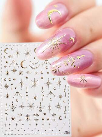1pc 3D Metallic Gold & Silver Star & Moon Nail Stickers, Embossed Starry Sky & Cloud Nail Art Decals, DIY Nail Decoration