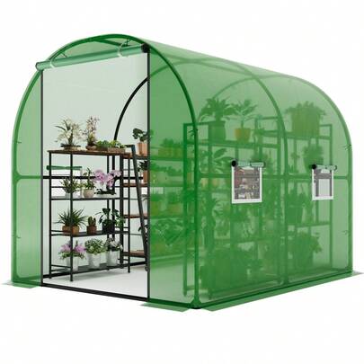 Invernadero Túnel de Entrada Libre Resistente, Marco de Acero Galvanizado Reforzado, 4 Ventanas de Malla para Ventilación y Puerta de Cremallera Deslizante, Invernadero Portátil Exterior para Plantas y Jardinería, Color Verde