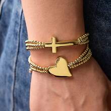 1pc Gold Silver Color Round Ball Beads Braided Bracelet, Star Heart Cross Shape Bead Bracelet Handmade Jewelry - Charm Bracelet - View 2