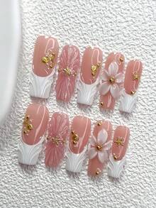 10pcs Romantic & Elegant Press-On Nail Stickers, Featuring Gold Glitter Starfish, Seashells, White Round Rhinestones, White 5-Petal Flowers Accented With Gold Rhinestones, Solid Color Water Wave Nail Art Decals, Shimmery Light Pink Nails Nail Supplies Handmade Press On Nails - 彩色 - 查看 16
