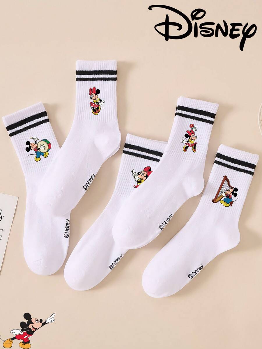 1 Pair/5 Pairs/10 Pairs Women's Mid-Calf Socks - Disney Mickey Pattern, Couple Mid-Calf Socks, Two-Stripe Sports Mid-Calf Socks, Versatile Style, Suitable For Daily Wear And As Holiday Gifts - Multicolor - View 1