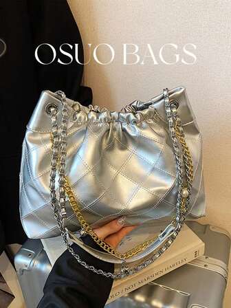 1pc Large Capacity PU Quilted Chain Shoulder Bag, Drawstring Closure, Fashionable Handbag, Versatile For Commuting