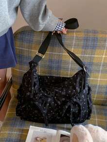 时尚蝴蝶结印花女士单肩包，休闲百搭单肩包，配有蝴蝶结抽绳，多口袋轻便可折叠拉链封口，可调节长肩带，适合日常使用、学生/大学生，简约可爱褶皱条纹前袋布包 - 彩色 - 查看 14