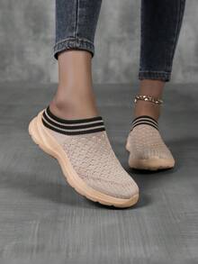 Papuci de damă tricotați din plasă respirabilă, fără slip-on, tricotați manual, ușori, la modă, casual, pentru interior și casă, liniștiți, papuci de damă casual pentru petreceri în aer liber