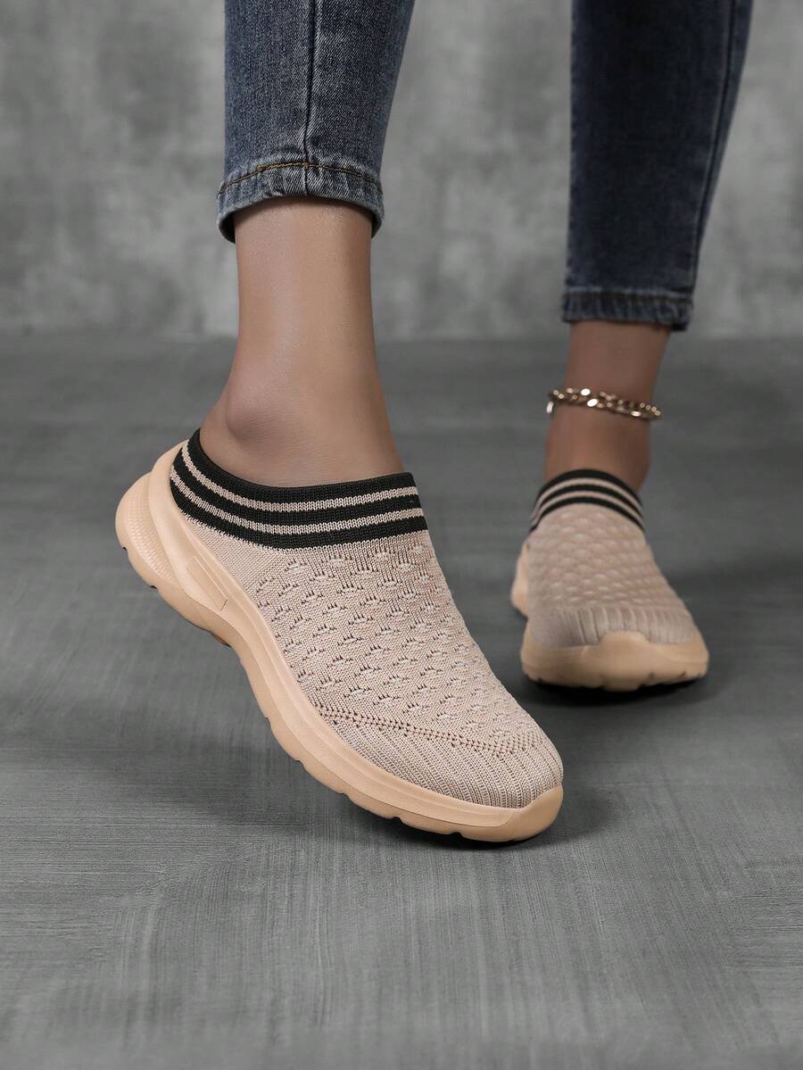 Papuci de damă tricotați din plasă respirabilă, fără slip-on, tricotați manual, ușori, la modă, casual, pentru interior și casă, liniștiți, papuci de damă casual pentru petreceri în aer liber