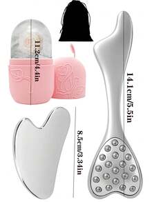 四件套面部护理套装包括：硅胶面膜冰格、大号不锈钢刮痧板、面部按摩滚轮、黑色礼品袋。可重复使用的家用按摩SPA套装，送给家人和女朋友的绝佳礼物。 - 彩色 - 查看 7