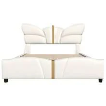 MERAX Queen Size Upholstered PU Leather Bed Frame, With Butterfly Shaped Headboard And Footboard, Platform Bed Frame With Gold Metal Decorations, No Box Spring Needed, Beige - Màu be (Giường Queen) - Xem 11