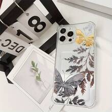Funda de teléfono con ranura para tarjetas, protección de lente de precisión transparente con borde dorado de cristal, moderna y sencilla, puede acomodar tarjetas de identificación/bancarias/portatarjetas/fotos, adecuada para modelos de la serie Apple  16 15 14 13 12 11 X XS XR Plus Pro Pro Max SE TTRB - Colores mixtos - Ver 7