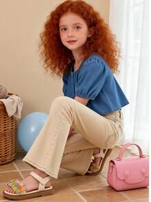 1双女童钩针花卉装饰仿皮防滑露趾踝带平底凉鞋，甜美粉彩色，适合日常休闲和夏季玩耍 - 米色 - 查看 7