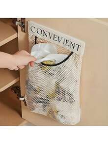 1pcs Space-Saving Reusable Mesh Bag, Self-Adhesive Wall Mounted Plastic Bag Holder - Non , Storage Dispenser For Kitchen Bedroom Cupboard Closet, Kitchen Organizers And Storage, Small Sundries Holder, Home Kitchen Accessories - Beige-1 Pcs - View 2