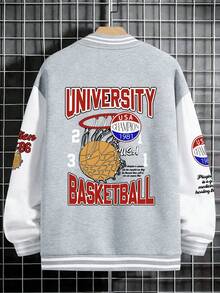 1pc Boys/Teens' Fashionable American Hip-Hop Casual Baseball Jacket, Autumn/Winter - Grey - View 5