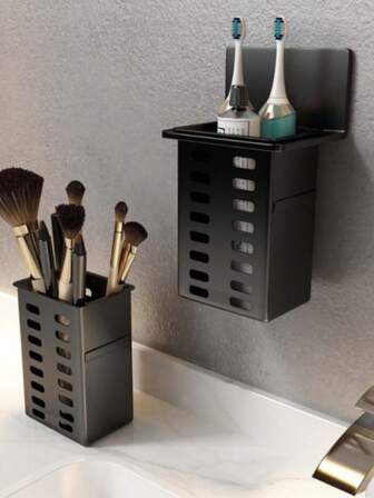 1 st vitt badrumsställ svart förvaringsställ, väggmonterat transparent toalettbord utan borrning tandborste tandkräm kam förvaringsorganisatör, 16 hål plast väggmonterad dränerande tandborstehållare, sminkförvaringslåda, pennkopp multifunktionell