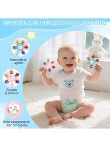 Estilo2PCS Sonajero Masticar Juguetes, Goma Dental Montessori, Juguetes Sensoriales, Alivia El Dolor De EncíAs, Promueve La DenticióN Y Estimula El Desarrollo Temprano En NiñOs PequeñOs (Rosa Y Azul)VersióN Mejorada - 1 - Ver 3