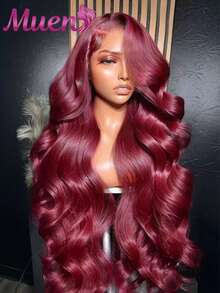 99J 酒红色蕾丝前假发，200% 密度混纺红酒色假发，28 英寸酒红色假发，13x4 高清水波纹蕾丝前假发，混纺假发，预拔毛无胶前额混纺假发，真人混纺发，女士款 - SBUG - 查看 2