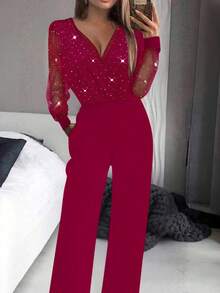 Women's Sexy Black Sequin Mesh Jumpsuit With Deep V-Neck - Burgundy - View 3