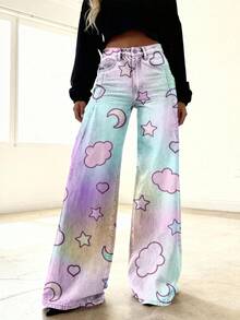 Women's Plus Size Vintage Wide-Leg Bell-Bottom Denim Pants - High-Waisted Stretch Washed Jeans With 3D Star/Heart/Cloud/Moon Prints, Beltless Button Closure For Party & Casual Outfits (Fall/Winter) - Comfortable Loose Trous - 彩色 - 查看 2