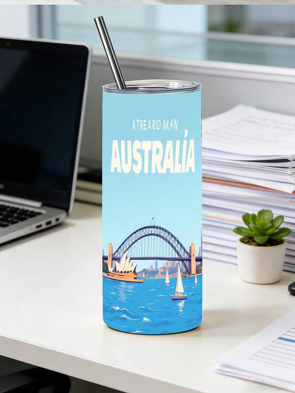 1pc 20oz Stainless Steel Straight Tumbler, City Landscape - Sydney, Australia Series, With Straw & Dual Lids, Keeps Hot/Cold, Great Gift For Halloween, Easter, Mother's Day, Birthdays, Parents & Friends. Stainless Steel, Long-Lasting Temperature Retention, Straw + Lid Design Suitable For Office, Car, Home