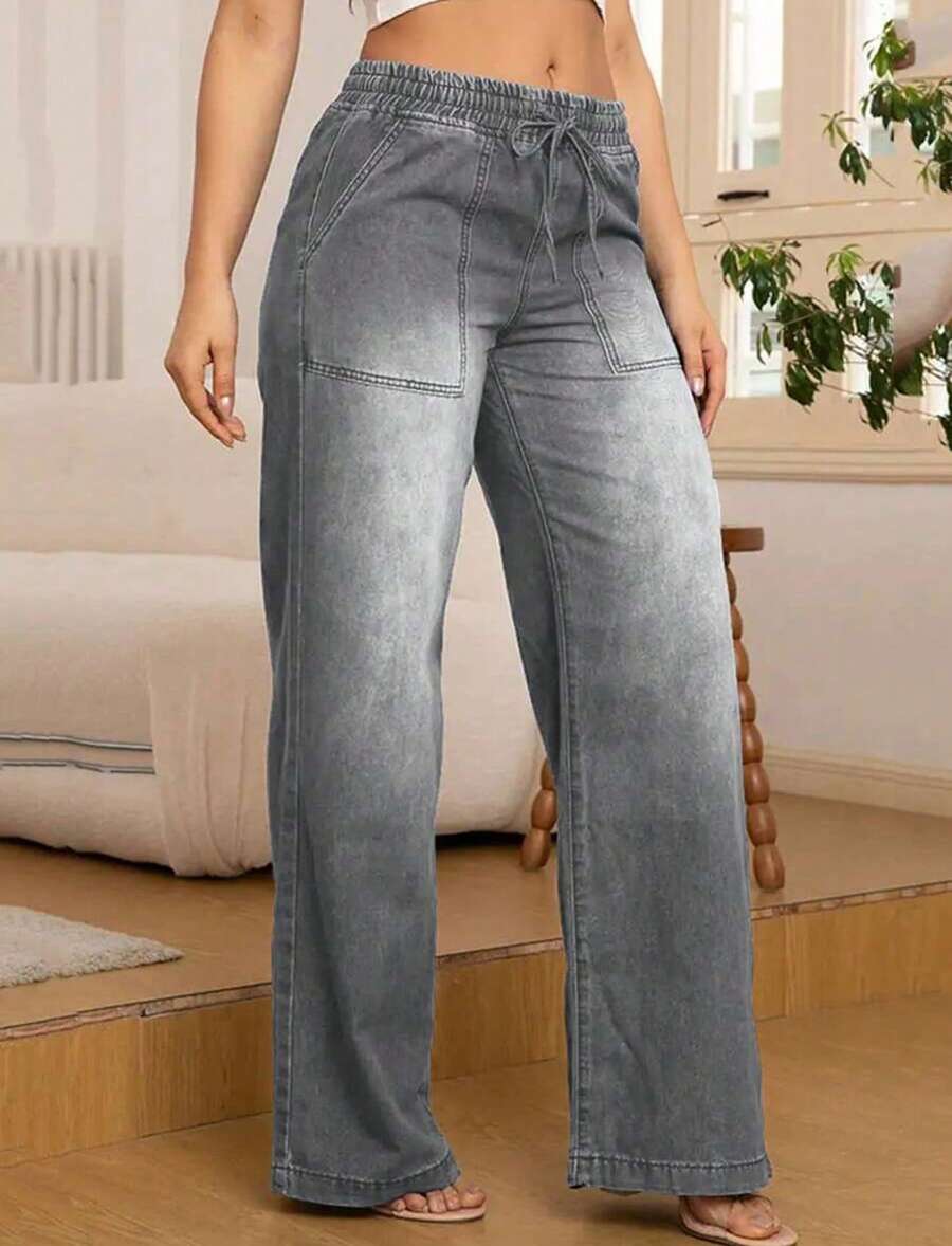 Women's Elastic Waist Loose Fashion Casual Denim Straight Jeans With Medium Stretch, Mid-Rise Design, With Pockets, Dark Blue, Featuring Drawstring Waist, Suitable For All-Season Wear, All-Season Jeans,Y2k Clothes,Holiday Outfits For Women,New Years Outfit Women,Womens Jeans,Ropa De Mujer,Christmas Outfit Women,Western Outfits For Women,Birthday Outfits For Women,Country Concert Outfit,Club Outfits For Women - Xám - Xem 1
