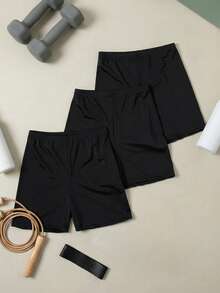 3pcs/Set Teen Girl Solid Color Summer Bike Shorts, Sports Shorts (YY1162) - Black - View 1