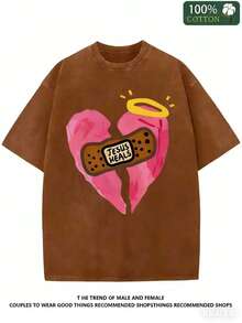 Jesus Healing Christian Printed T-Shirt, 1 Piece, 230g Washed, High-Quality Wax Printed Cotton Retro Fashion Brand T-Shirt, Suitable For Summer T-Shirt With A Certain Thickness, Holiday Gift - Unisex Plus Size Top-Valentine Gift - 咖啡棕 - 查看 3