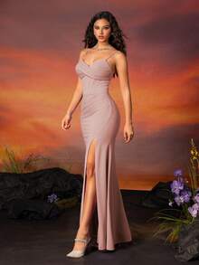 VIPGIRL Pink Spaghetti Strap Slit Elegant Bridesmaid Dress - Pink - View 5
