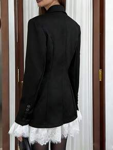 1pc Women's Woven Fabric Jacket With Pleated Lace/Ruffle Trim, Casual Spring/Summer (No Belt) - Black and White - View 2