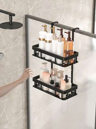 Cesta colgante para puerta de baño, estantería de almacenamiento de baño, estantería colgante de baño, estantería de baño de doble capa, cesta de almacenamiento de baño, accesorios de baño, organización y almacenamiento de baño, decoración de baño