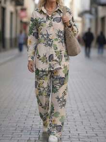 Tropical Vacation Style Mint Green & Yellow Floral 2 Pieces Set - Long Sleeve Cuffed Button-Up Blouse And High-Waisted Wide-Leg Pants, Lightweight Flowing Fabric, Suitable For Summer Vacation Spring Elegant - Olive Green - View 4