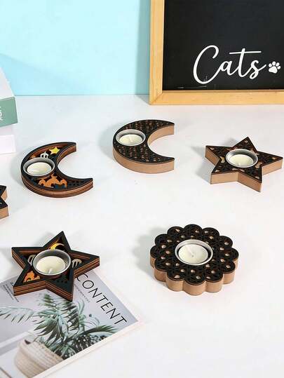 1pc Ramadan-Themed Wooden Candle Holder With Moon And Star Design, A Festive Home Decor Item, A Creative Candle Holder For Living Room Or Tabletop, Suitable For Everyday Use Or Special Occasions.