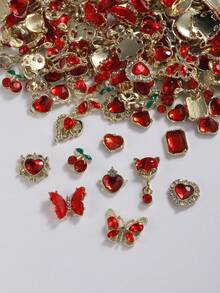 30pcs Red Nail Charms Set, Heart, Cherry, Letter, Butterfly, Fox Pendant Alloy Nail Jewelry, 3D Y2K Nail Gems & Rhinestones Nail Art Accessories