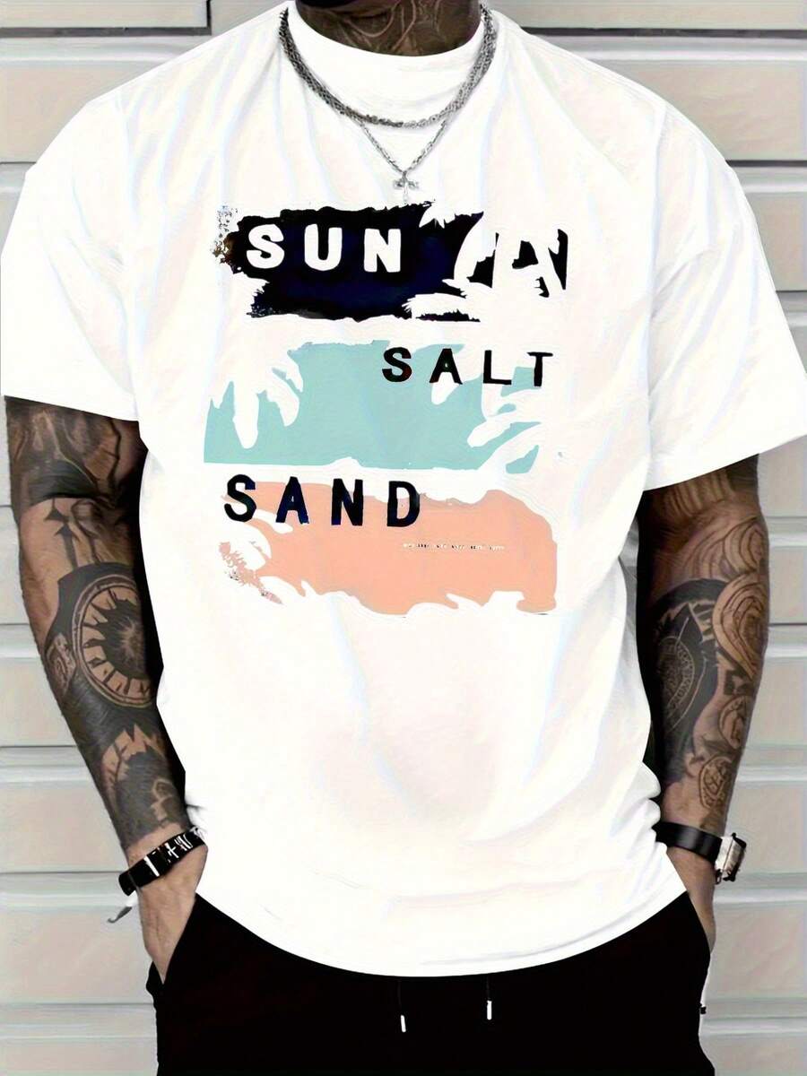 Camiseta de algodón gris claro para hombres - Camiseta con estampado de patrón de playa vintage con SOL SAL - Tela suave y transpirable para vacaciones de verano, top casual diario, diseño de cuello redondo lavable aáquina, ropa de ocio al aire libre, estilo vintage duradero, artículo imprescindible para los amantes de la playa - blanco - Ver 1