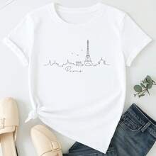 T-shirt Camiseta Estampada Feminina Paris Contorno Da Cidade Minimalista Camisa 100% Algodão Frete Grátis Rápido - Branco - Visão 1