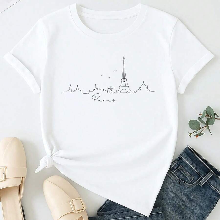 T-shirt Camiseta Estampada Feminina Paris Contorno Da Cidade Minimalista Camisa 100% Algodão Frete Grátis Rápido - Branco - Visão 1
