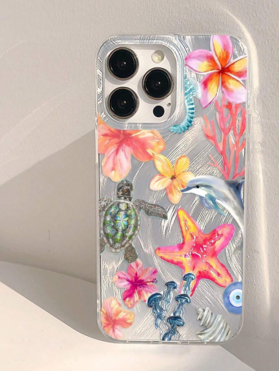 1pc Marine Elements Starfish, Turtle, Jellyfish, Hibiscus, Coral, Dolphin Pattern Soft Perforated Anti-Slip Phone Case, Compatible With IPhone 11/12/13/14/15 Pro Max Waterproof Shockproof Anti-Fall Scratch ResistantYOUR-BELOVED-PHONE Christmas Gifts Christmas Gifts,New Year Gifts,Valentine's Day Gifts - 無色 - 查看 1