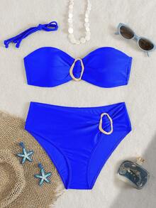 Miturn Ensemble de bikini bandeau de couleur unie avec décoration métallique, convient pour les vacances sur l'île, la photographie, la natation - bleu indigo - Voir 1