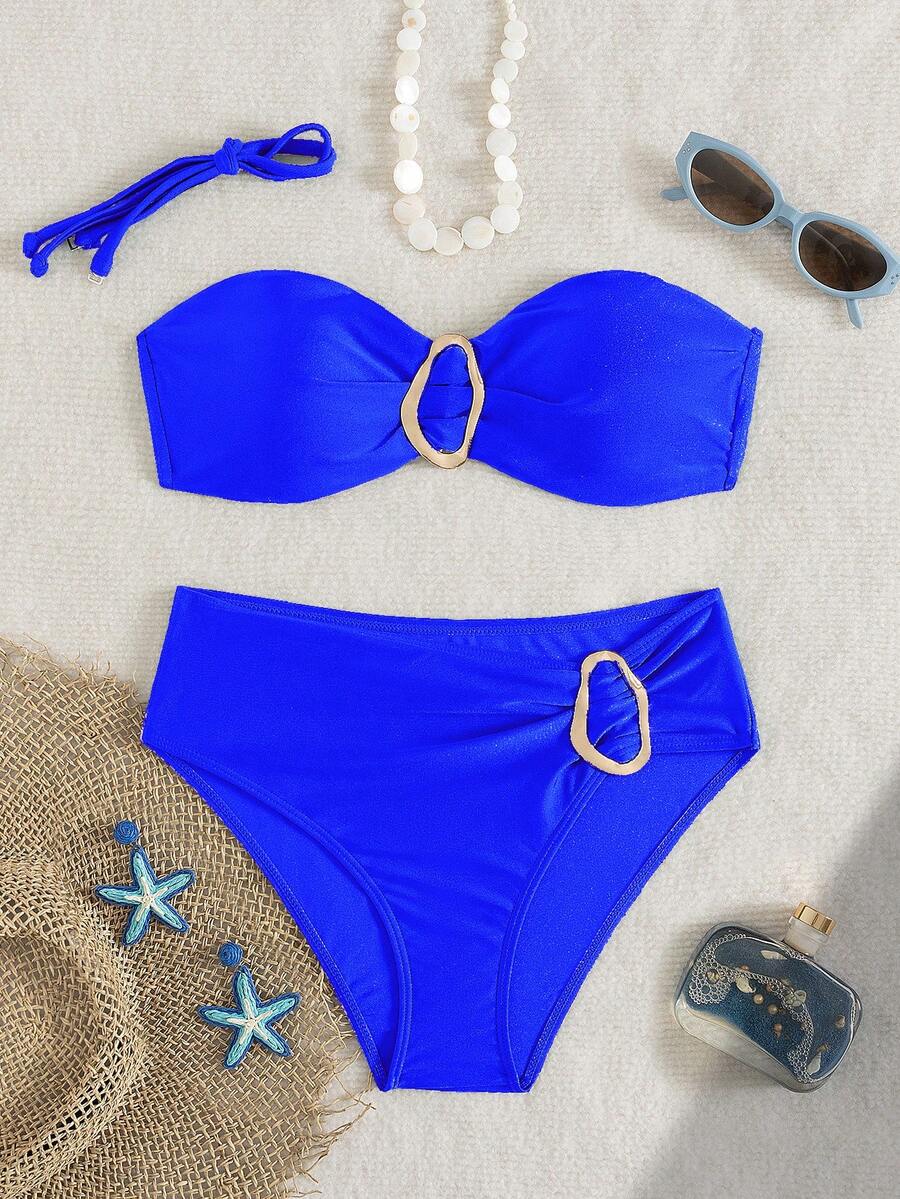 Miturn Ensemble de bikini bandeau de couleur unie avec décoration métallique, convient pour les vacances sur l'île, la photographie, la natation - bleu indigo - Voir 1