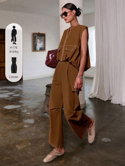 Sollinarry Women's Summer New Zipper Sleeveless Top And Long Pants 2 Pieces Set, Fashionable Loose Fit, Suitable For Work, Vacation, Music Festival