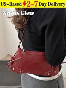 Vintage-Inspired Shoulder Bag With Zipper Closure. Classic Solid-Color Elegant Shoulder/Underarm Bag. Women's Handbag Featuring A Fashionable Bow Accent. Includes Adjustable Shoulder Strap. Perfect For Daily Commutes And Campus Casual Wear. Ideal For Dates, Outings, And Parties.  Women's Handbag. - 彩色 - 查看 10