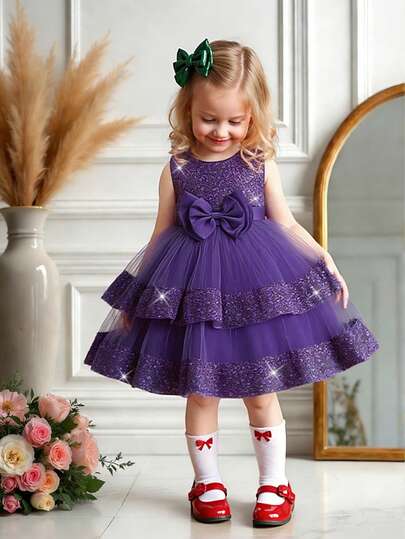 Baby Girls Solid Color Sequin Mesh Bow Tulle Cake Dress Sleeveless Cute Flower Girl Party Dress, Excluding Headband