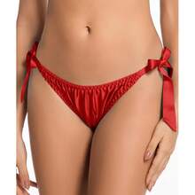 Women Silk Panties Lightweight Briefs Smooth Breathable Satin Bikini,Sexyys Tie-Side Underwear Daily Fit Comfort,Red - 紅色 - 查看 1