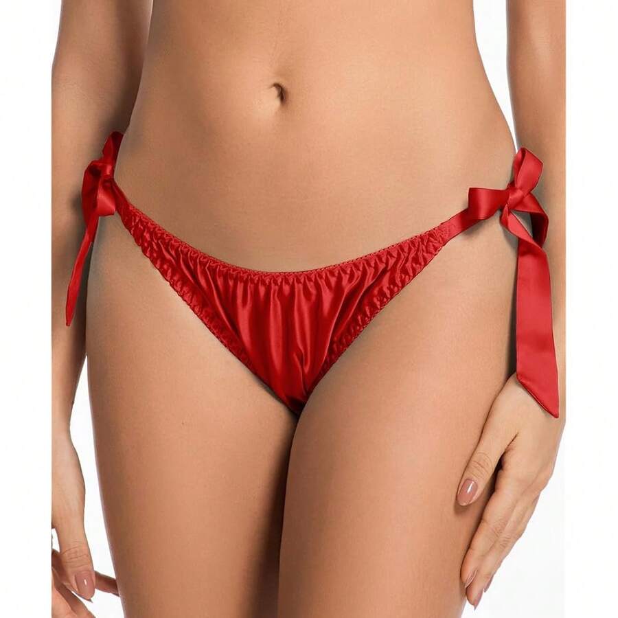 Women Silk Panties Lightweight Briefs Smooth Breathable Satin Bikini,Sexyys Tie-Side Underwear Daily Fit Comfort,Red - 紅色 - 查看 1