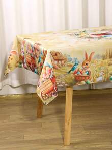 1pc Spring Easter Tablecloth, Polyester Farmhouse Style Rectangular/Round Easter Tablecloth Decorated With Rabbits, Eggs And Floral Patterns, Creating A Joyful Easter Atmosphere, Suitable For Home Kitchen Dining Table Decor, Adding Spring Holiday Vibe. - Multicolor - View 12