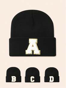 1pc Unisex Personalized Embroidered A-Z Letter Elastic Knit Beanie Hat, Fashionable Streetwear Knit Cap, Suitable For Autumn/Winter Daily Wear - Black - View 4