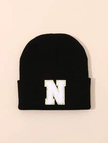 1pc Unisex Personalized Embroidered A-Z Letter Elastic Knit Beanie Hat, Fashionable Streetwear Knit Cap, Suitable For Autumn/Winter Daily Wear - Black - View 27