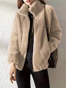 Plush Jacket With Drawstring, Casual Long-Sleeved Jacket With Zipper - Khaki - View 1