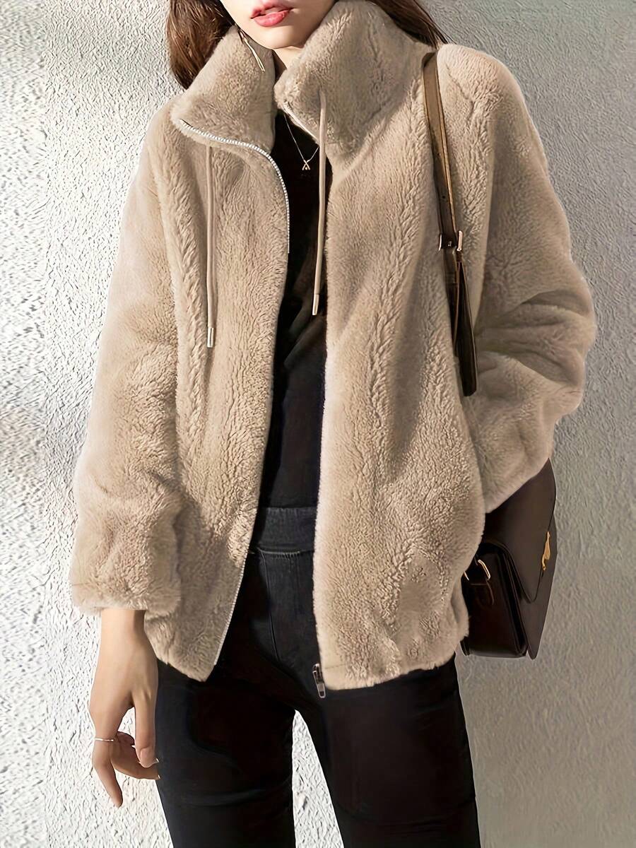 Plush Jacket With Drawstring, Casual Long-Sleeved Jacket With Zipper - Khaki - View 1