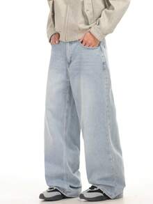 1件 Justice Brother 休闲通勤男士宽松阔腿经典牛仔裤（不含腰带和配饰） - 藍色 - 查看 8